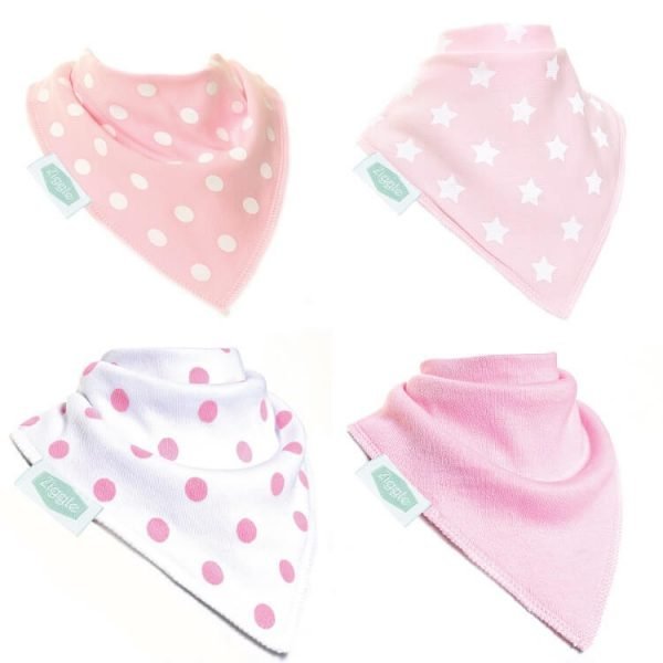 Set of 4 pink and white spotty dribble bibs for babys. Each bib is a different pattern