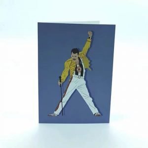 a greetings card with freddie mercury in his classic pose wearing a newcastle united football top