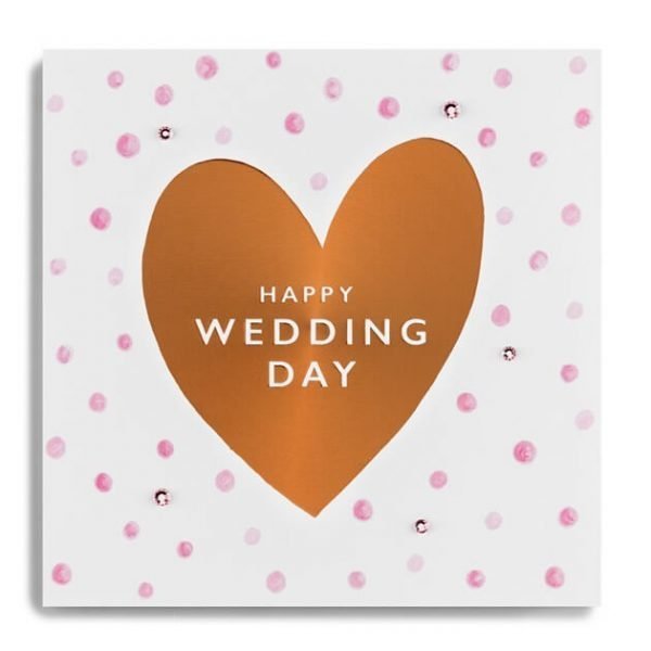 Copper foilded wedding card. A big copper heart with pink dotty background with happy wedding day