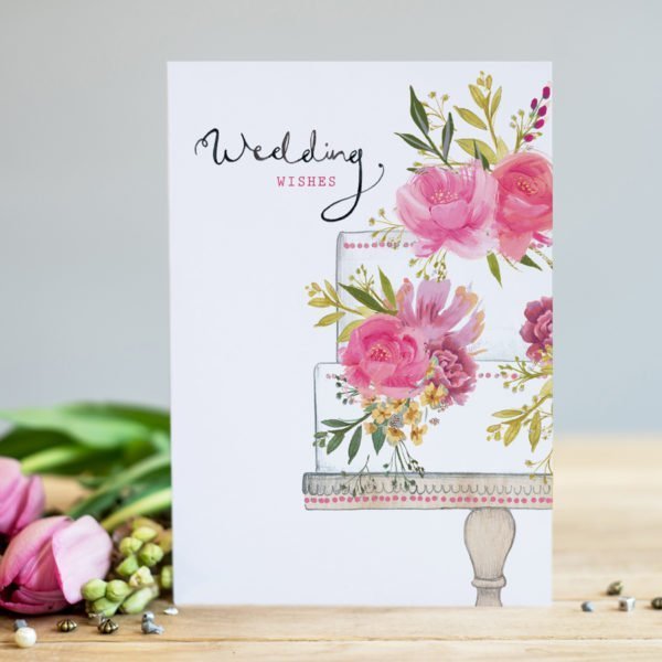 A rectangular card with an image of a wedding cake with a pink floral theme, which is in a vintage style.