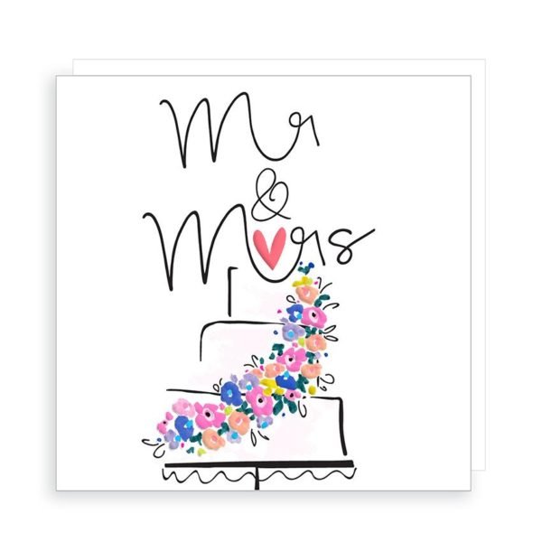 A white square card with the wording Mr & Mrs and a cake printed in black gloss ink. There are very colourful neon coloured flowers across the front of the cake and a bright pink heart on top of the cake.