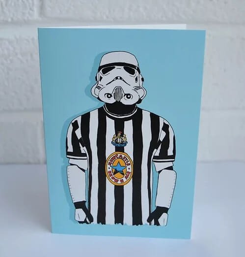 greetings card with an illustration of a stormtrooper wearing a newcastle united football top