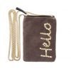 A chocolate brown velvet oblong bag which has the word Hello sewn in sequins on the right hand side of the bag. The bag has a gold zip and a long gold chain as the bags strap.