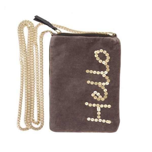 A chocolate brown velvet oblong bag which has the word Hello sewn in sequins on the right hand side of the bag. The bag has a gold zip and a long gold chain as the bags strap.