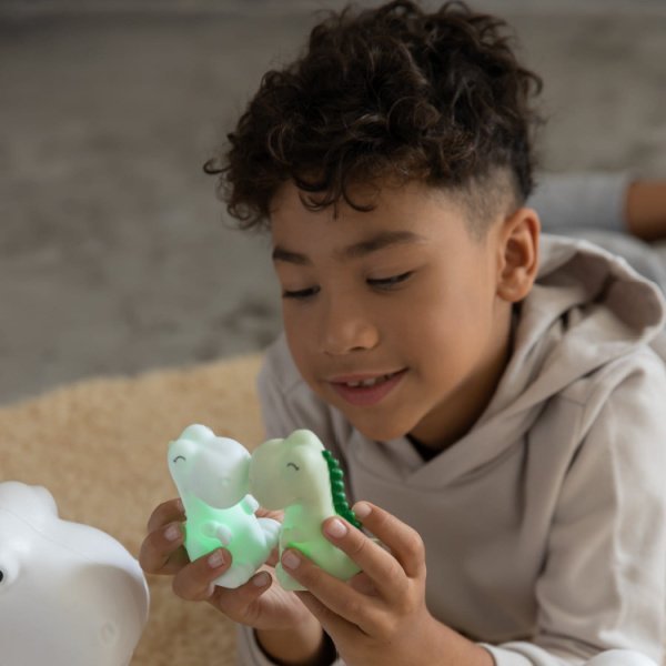 A picture of a little boy playing with a mini LED Dinosaur Night light.