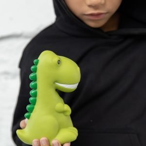 A rubber night light green dinosaur being held by a little boy.