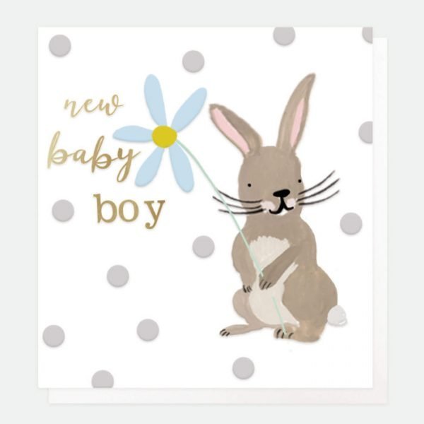 A designer card from Caroline Gardner for a new baby boy. A white card with pale grey dots and a little rabbit holding a blue flower and new baby boy in gold lettering