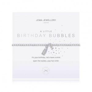 A little birthday bubbles bracelet from Joma Jewellery. An elasticated bracelet with silver plated beads and a beautiful champagne bottle charm, a little poem on the white card reads Its your birthday let's have a drink, open the bubbly pop fizz clink.