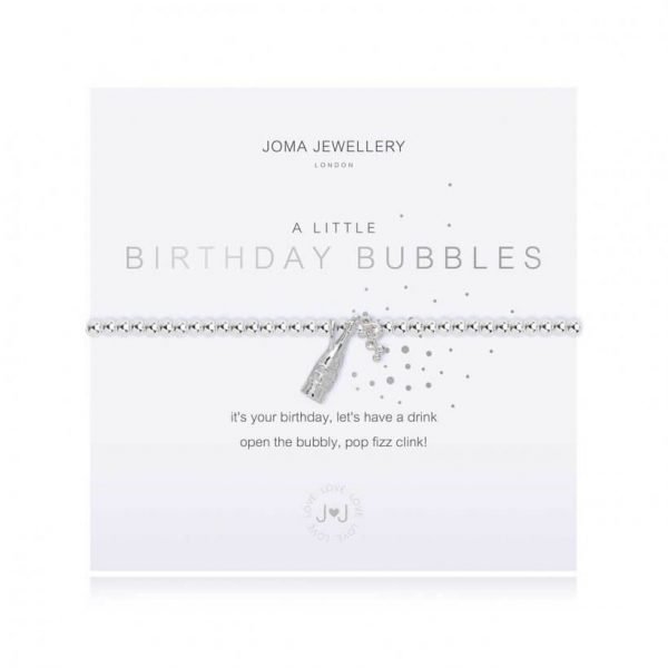 A little birthday bubbles bracelet from Joma Jewellery. An elasticated bracelet with silver plated beads and a beautiful champagne bottle charm, a little poem on the white card reads Its your birthday let's have a drink, open the bubbly pop fizz clink.