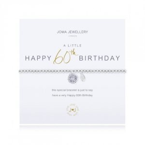 An elasticated bracelet with silver plated beads and a cubic zirconia charm on a card with Happy 60th Birthday .