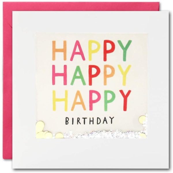 A white square card with a border frame and cellophane inset. Behind the cellophane is a cream background which has the words HAppy Happy Happy Birthday which is multicoloured. Inside the cellophane is silver loose glitter and confetti which moves when shaken.