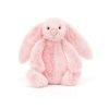 Small Bashful peony bunny from Jellycat. A cute bunny rabbit cuddly toy with huge ears in peony pink. Suitable from birth, a lovely gift for a new born baby,