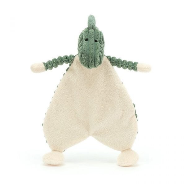 A cuddly toy from Jellycat for a baby, A cordy roy dinosaur soother blanket. Perfect gift for a new born baby