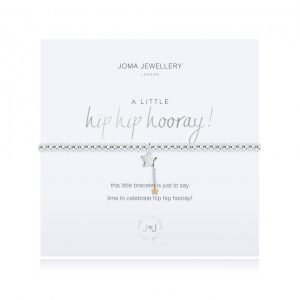 Joma Jewellery A little hip hip hooray bracelet. an elasticated bracelet with silver plated beads and a star charm presented on a card printed with the words this little bracelet is just to say time to celebrate, hip hip hooray
