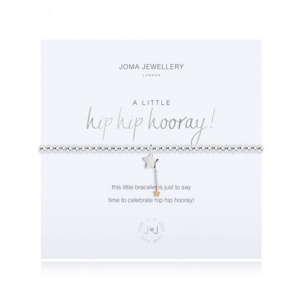 Joma Jewellery A little hip hip hooray bracelet. an elasticated bracelet with silver plated beads and a star charm presented on a card printed with the words this little bracelet is just to say time to celebrate, hip hip hooray