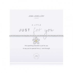 Joma jewellery silver plated bracelet from the A little range. An elasticated bracelet to fit any size with silver plated beads and a silver flower charm. Presented on a card printed with the words This sparkling bracelet is just for you to say you're special through and through