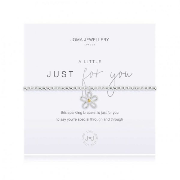 Joma jewellery silver plated bracelet from the A little range. An elasticated bracelet to fit any size with silver plated beads and a silver flower charm. Presented on a card printed with the words This sparkling bracelet is just for you to say you're special through and through