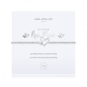 A gorgeous bracelet from the a little range by Joma jewellery for a new mum. Silver plated beads and a double heart charm strung on an elasticated bracelet. Presented on a card printed in silver with New Mum and silver hearts with the words