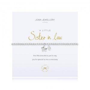 A silver plated elasticated bracelet that will fit any size from Joma Jewellery with a silver and cubic zirconia charm. This lovely bracelet is presented on a white card printed in gold with sister in law and with the words 