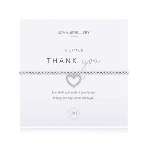 A bracelet from the a little range by Joma Jewellery. An elasticated bracelet that fits any size with silver plated beads and a shining silver and cubic zirconia heart charm. Prsented on a white card that is printed with thank you in silver and words that read 