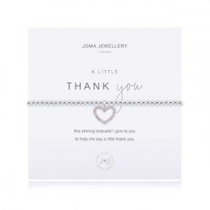 A bracelet from the a little range by Joma Jewellery. An elasticated bracelet that fits any size with silver plated beads and a shining silver and cubic zirconia heart charm. Prsented on a white card that is printed with thank you in silver and words that read "this shining bracelet I give to you to help me say a little thank you"
