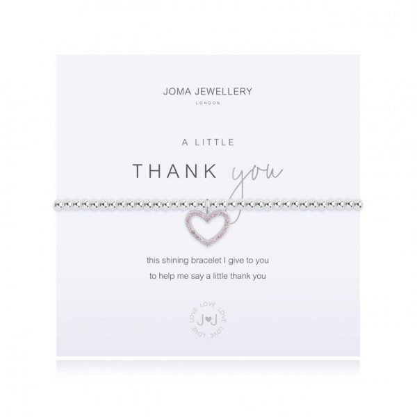 A bracelet from the a little range by Joma Jewellery. An elasticated bracelet that fits any size with silver plated beads and a shining silver and cubic zirconia heart charm. Prsented on a white card that is printed with thank you in silver and words that read "this shining bracelet I give to you to help me say a little thank you"