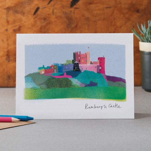 Beautiful illustration of Bamburgh Castle on a blank greetings card.