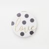 black and white polka dot round pocket compact mirror with love written in gold. Leather look with magnetic close and 2 mirrors, one magnifying