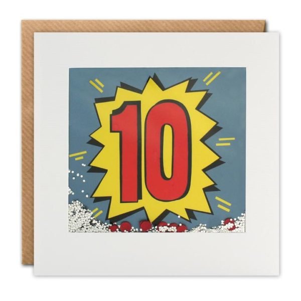 A square card with a white border which holds a cellophane packet with glitter and confetti inside of it. Behind the packet is a colourful number 10 in a graffiti style. When you shake the card the confetti and glitter moves around.