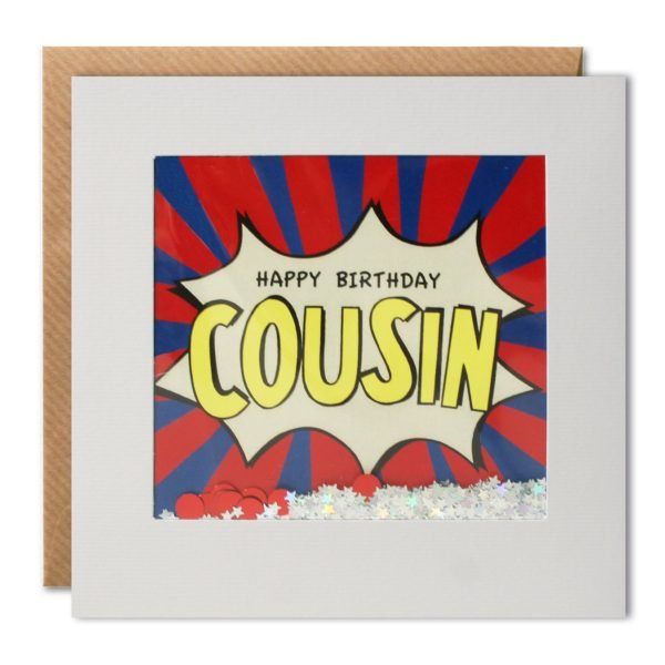 A square shakies card with a cellophane section which holds confetti and glitter. Behind the cellophane is printed Happy Birthday Cousin in a graffiti style.