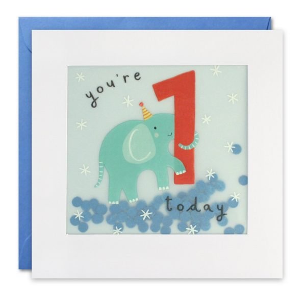 A white square card with an image of an elephant and the number 1.
