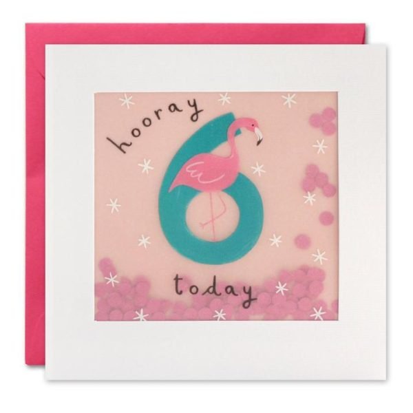 A white square card with an image of a flamingo and the nunber 6. There are confetti coloured sprinkles behind the images