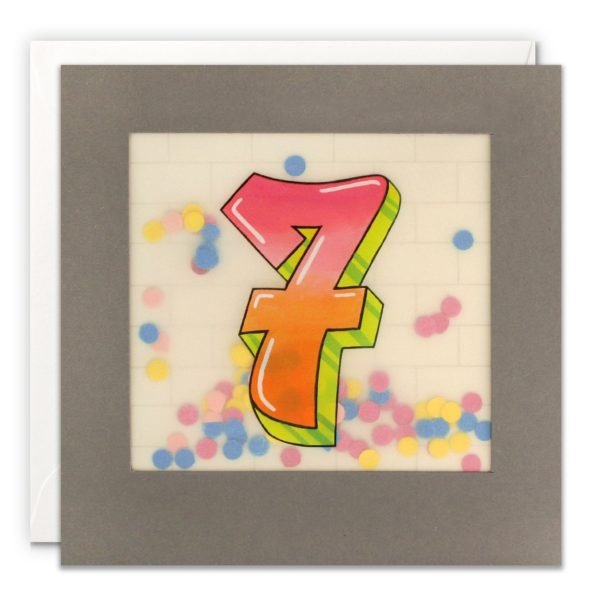 A grey square card with a graffiti style number 7 printed on translucent material with coloured confetti behind it.