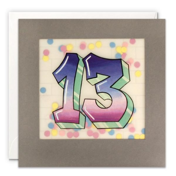 A grey square card which has a border edge to it. The border is inlaid with translucent paper which has the number 13 printed in a graffiti style.There are small colourful confetti dots behind the translucent paper, so that when you shake the card you can see the confetti moving behind.