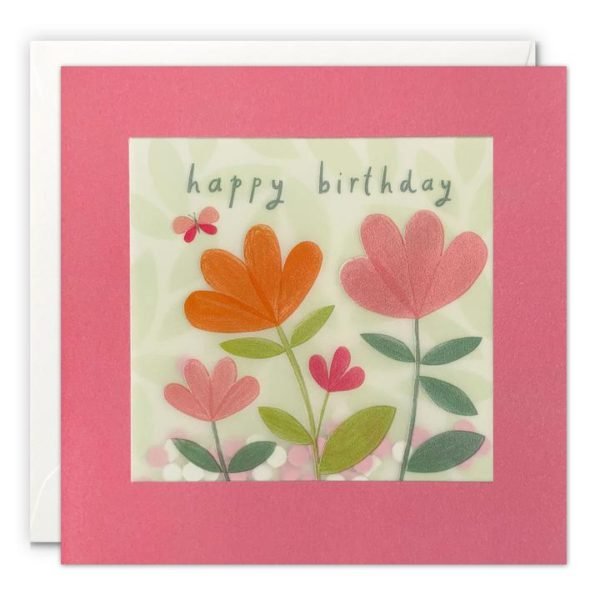 A square card with a pink border which holds in place a translucent packet which holds colourful dot confetti inside of it. There are flowers printed on the translucent material along with the words Happy Birthday.