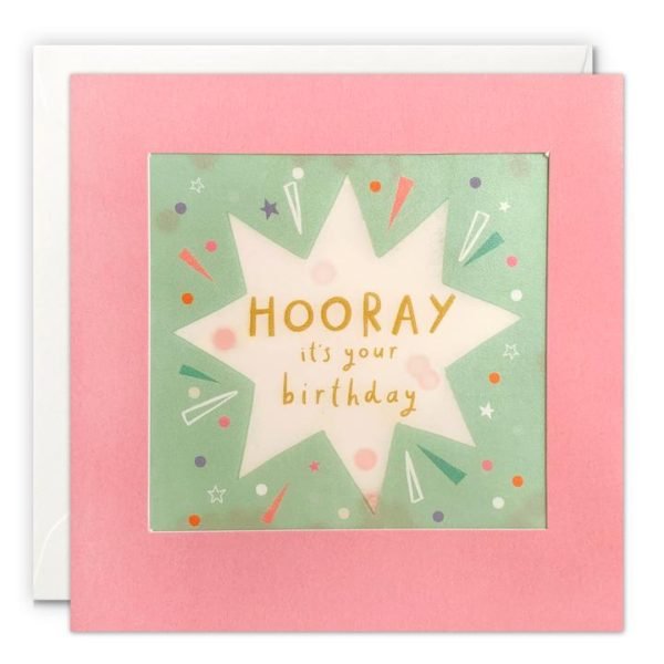 A square card with a pink border which holds in place a translucent packet which holds heart shaped confetti inside of it. A blue star is printed on the translucent material along with the words Hooray it's Your Birthday.