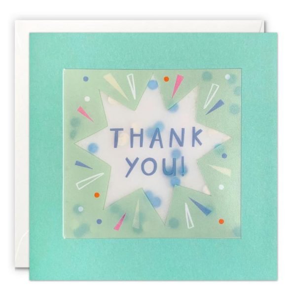 A square card with a blue border which holds in place a translucent packet which holds dot shaped confetti inside of it. A blue star is printed on the translucent material along with the words Thank You.
