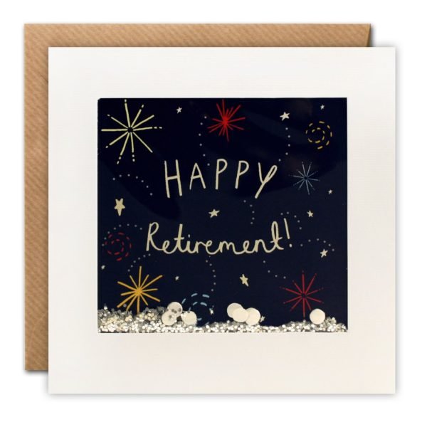 A square white card with a framed area which has cellophane inset into it. Behind the cellophane is an illustration of fireworks in the sky with a black background and the words Happy Retirement printed in the centre of it. The card has a brown kraft envelope with it.