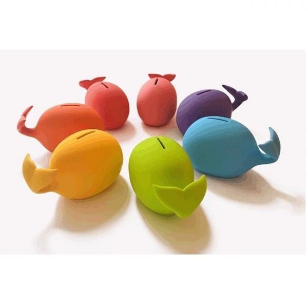 Ceramic whale money box in a choice of 7 colours. Pink, purple, blue, green, yellow, red and orange. Tactile rubber finish and rubber stopper to remove money.
