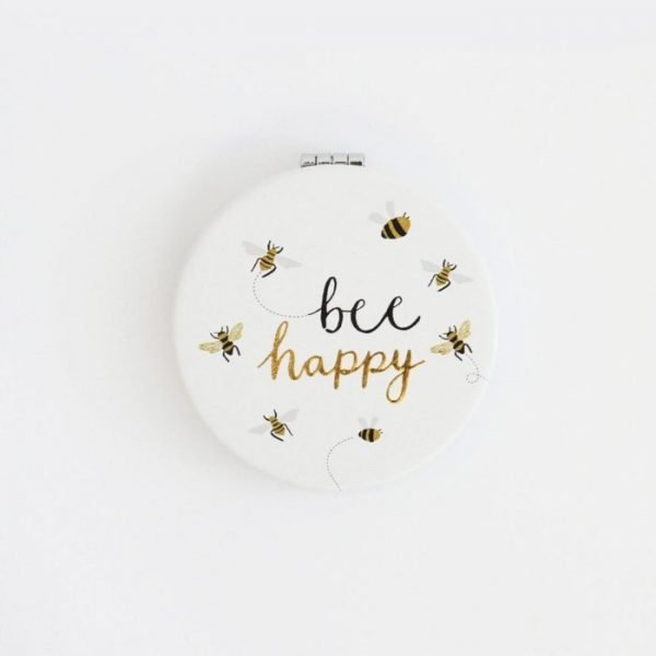 Printed leather look round pocket mirror with bee happy and lots of little bees. Hinged opening and magnetic close . 2 mirrors one magnifying