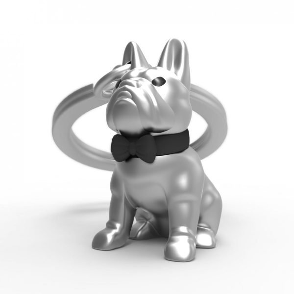 A metal keyring in the shape of a french bulldog with a black dickie bow tie.