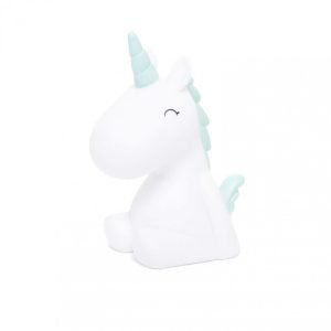 A cute LED light which is shaped like a unicorn with pastel colour body horn and mane.