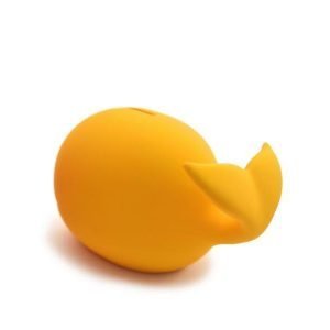 Yellow ceramic whale money box. Tactile rubber finish and rubber stopper to remove money.
