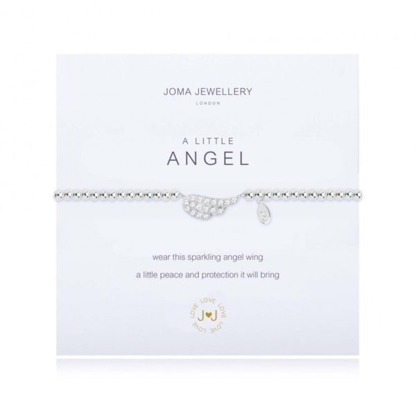 A silver plated bracelet with a sparkly silver angel wing charm on it. The bracelet is on a white card printed with the words A Little Angel