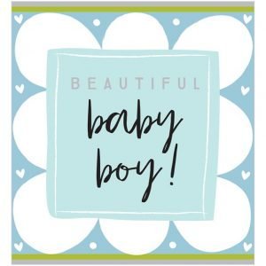 A square card with a blue cloud style design and a blue square in the centre of the card with the wording Beautiful Baby Boy.