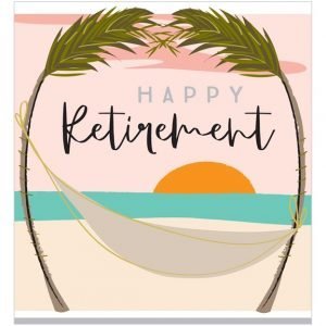 A square card with an image of a beach, two palm trees and a hammock with a lovely sunset and the words Happy Retirement printed on it.