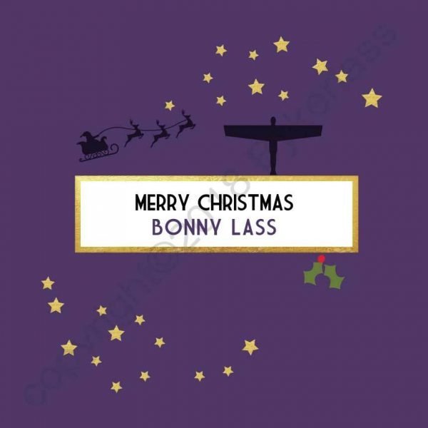 A purple card with gold stars and the words Merry Christmas Bonny Lass
