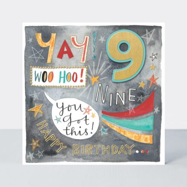 age 9 birtday card printed with vibrant neon inks finished with luxurious gold foil and a raised hand applied number
