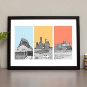 A print by North East artist Ben Holland, of Lindisfarne, Bamburgh and Dunstanburgh castles. The images are pen and ink drawings with different coloured backgrounds.