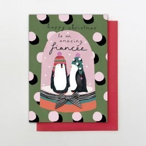 A hand finished Christmas card for your fiancee with a pair of penguins in a snow globe